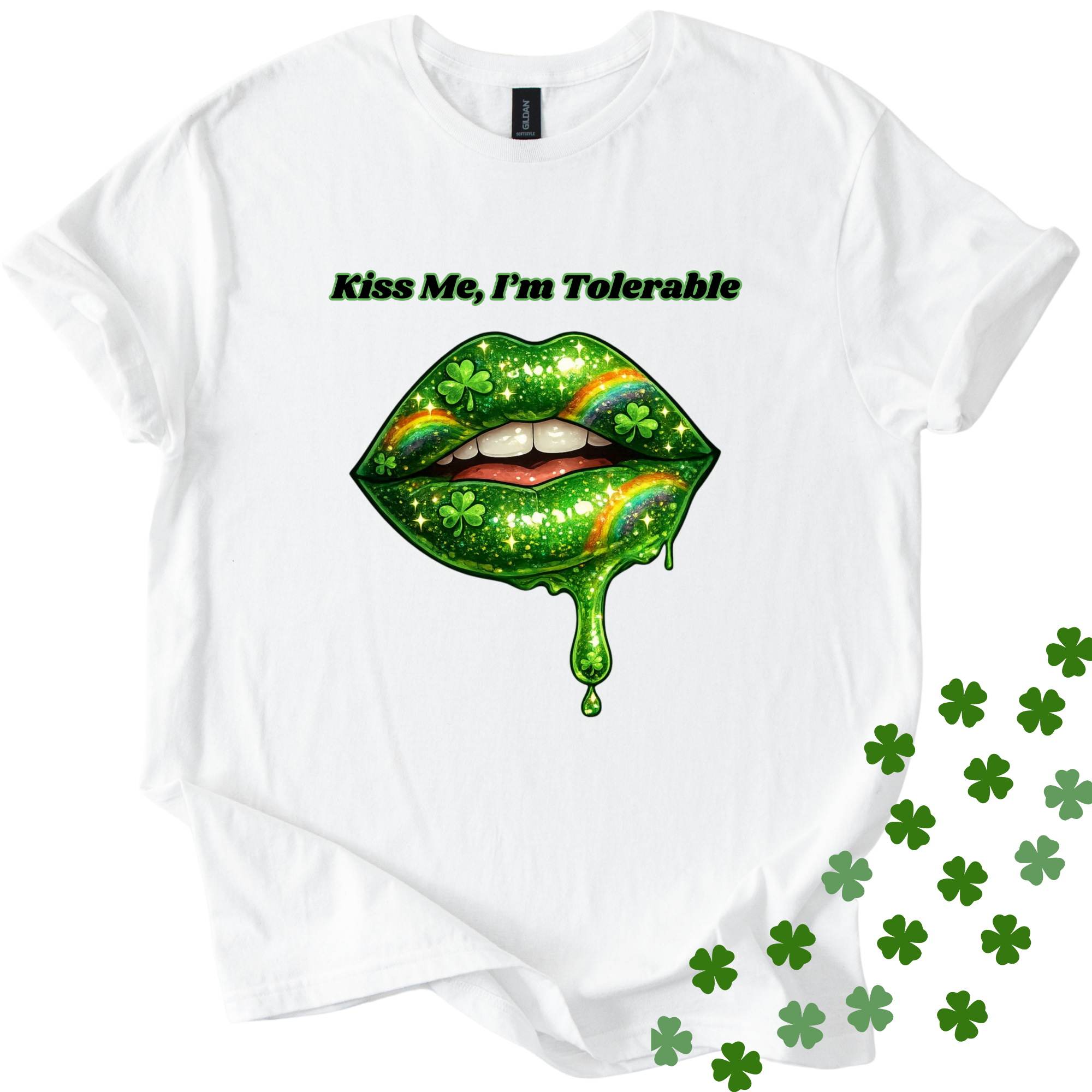 White St Patricks Day unisex softstyle shirt with "Kiss Me I'm Tolerable" text design