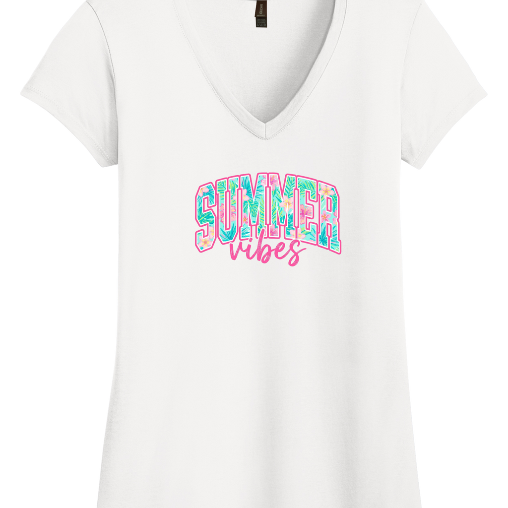 Woman wearing a Tropical Summer Vibes Gildan Softstyle V-Neck T-Shirt with vibrant tropical beach graphic