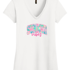 Woman wearing a Tropical Summer Vibes Gildan Softstyle V-Neck T-Shirt with vibrant tropical beach graphic