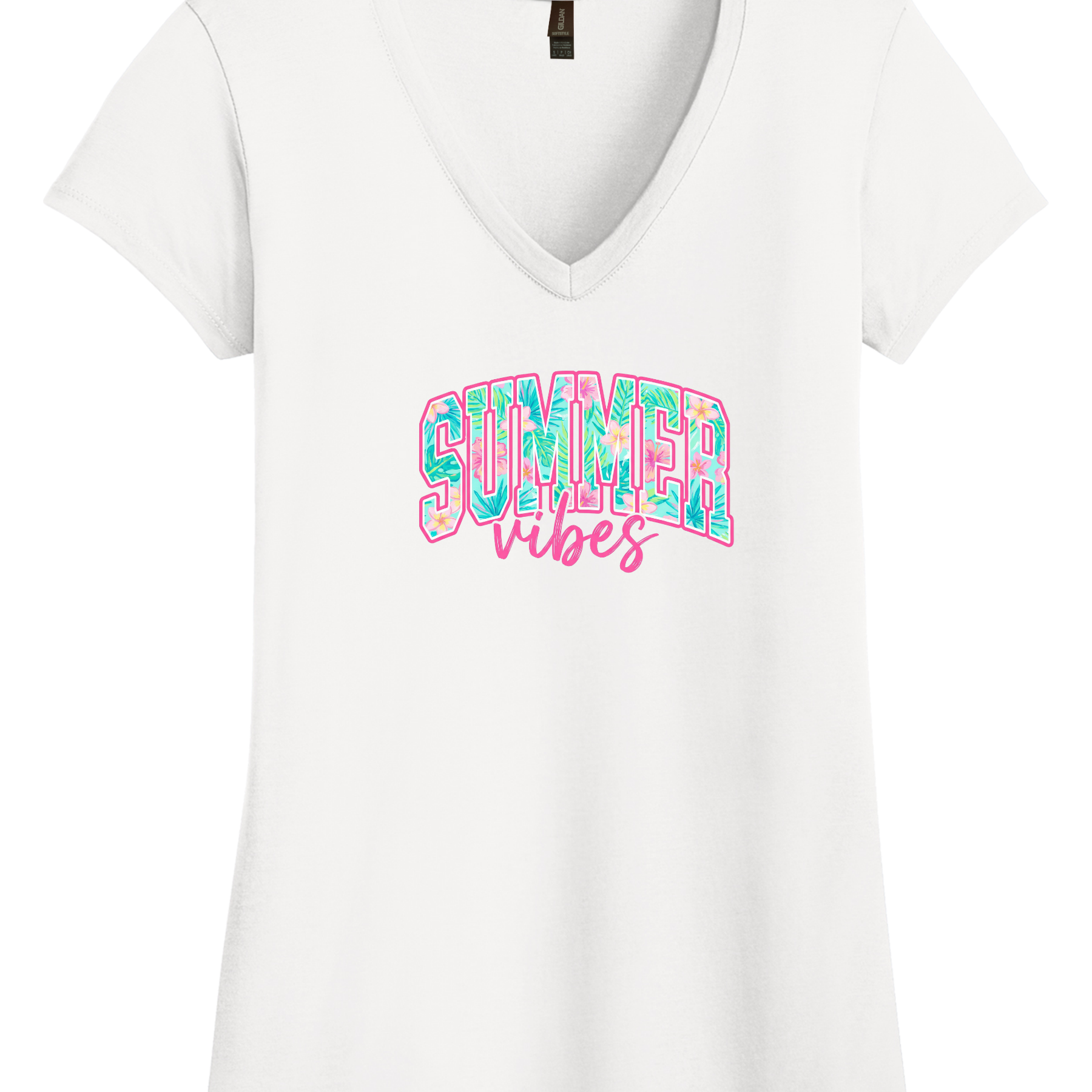 Woman wearing a Tropical Summer Vibes Gildan Softstyle V-Neck T-Shirt with vibrant tropical beach graphic