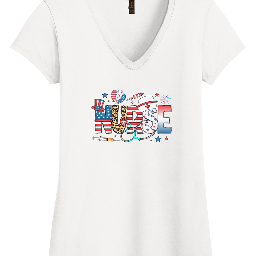 Women's patriotic nurse V-neck shirt with red, white, and blue summer vibes design featuring American flag and healthcare symbols