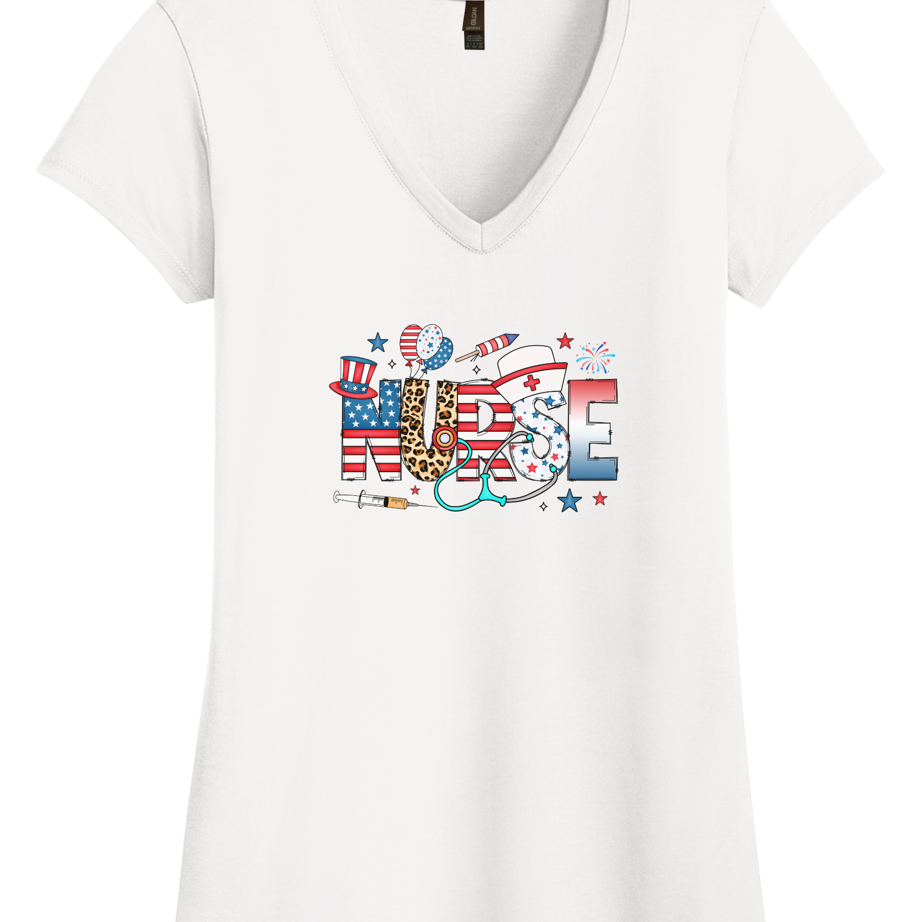 Women's patriotic nurse V-neck shirt with red, white, and blue summer vibes design featuring American flag and healthcare symbols