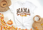 White softstyle shirt with "MAMA Who Loves Halloween" text and pumpkin design, styled for fall holidays.