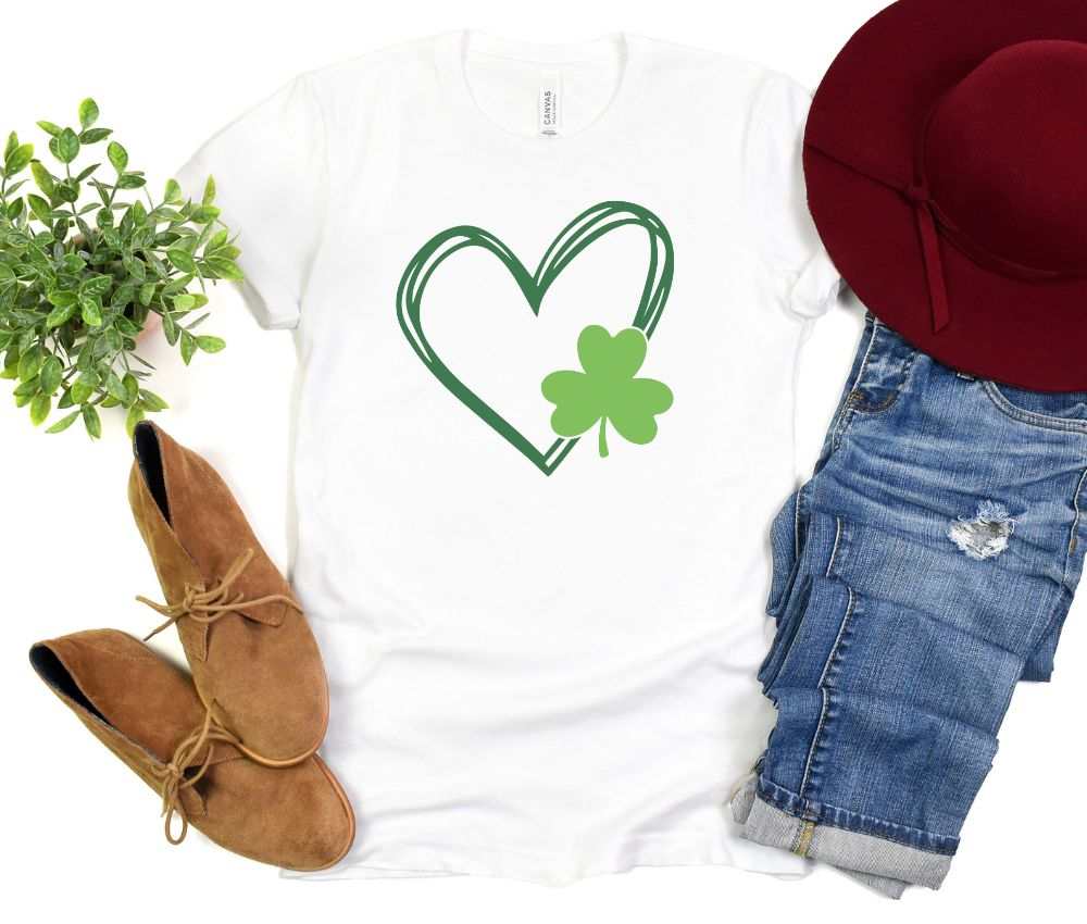 White St Patrick's Day V-Neck Shirt with Heart and Shamrock Design