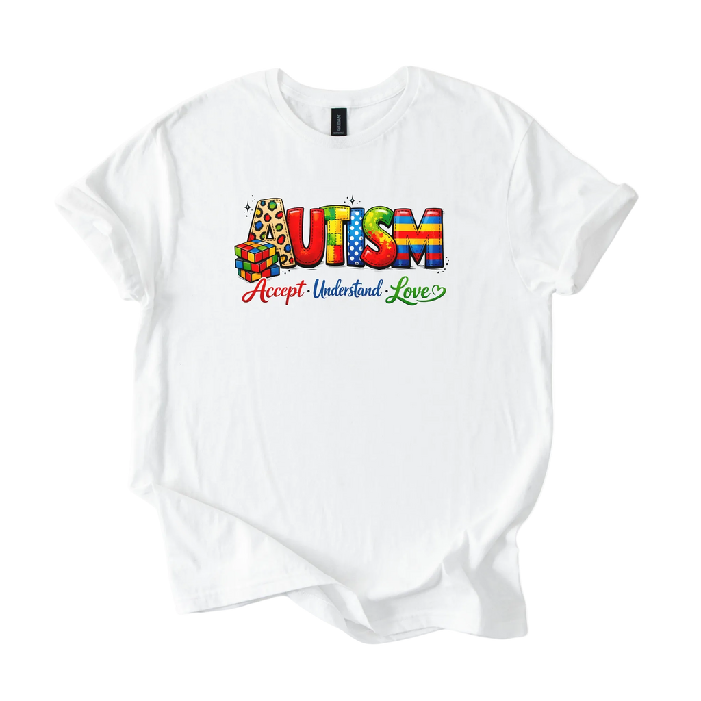 Colorful autism acceptance graphic on softstyle unisex tee with Accept Understand Love message
