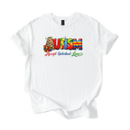 Colorful autism acceptance graphic on softstyle unisex tee with Accept Understand Love message