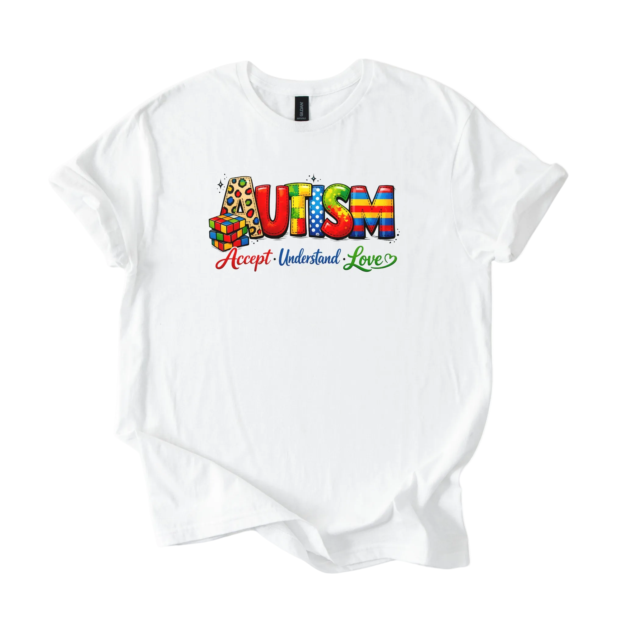 Colorful autism acceptance graphic on softstyle unisex tee with Accept Understand Love message