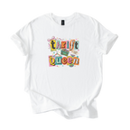 White Thrift Queen tee with colorful retro collage graphic and vintage shopping motifs