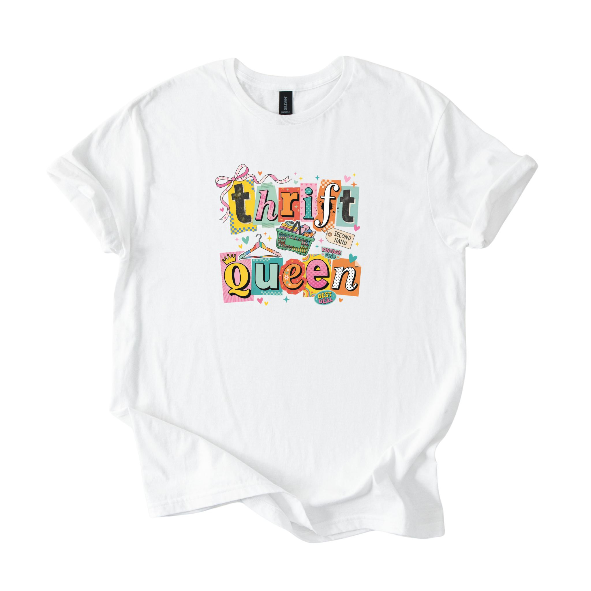 White Thrift Queen tee with colorful retro collage graphic and vintage shopping motifs