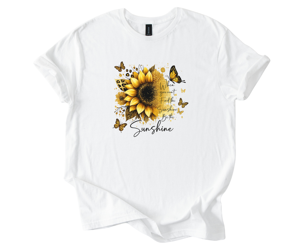 Sunflower Sunshine Inspirational Shirt with bright sunflower, butterflies, and positive quote on soft unisex tee