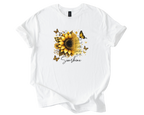 Sunflower Sunshine Inspirational Shirt with bright sunflower, butterflies, and positive quote on soft unisex tee