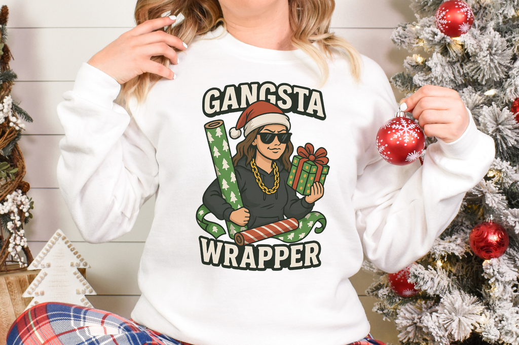 White Gangsta Wrapper holiday sweatshirt for women with Christmas design