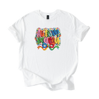 White tee with Autism Mama Rainbow crochet-style yarn lettering and colorful flower accents