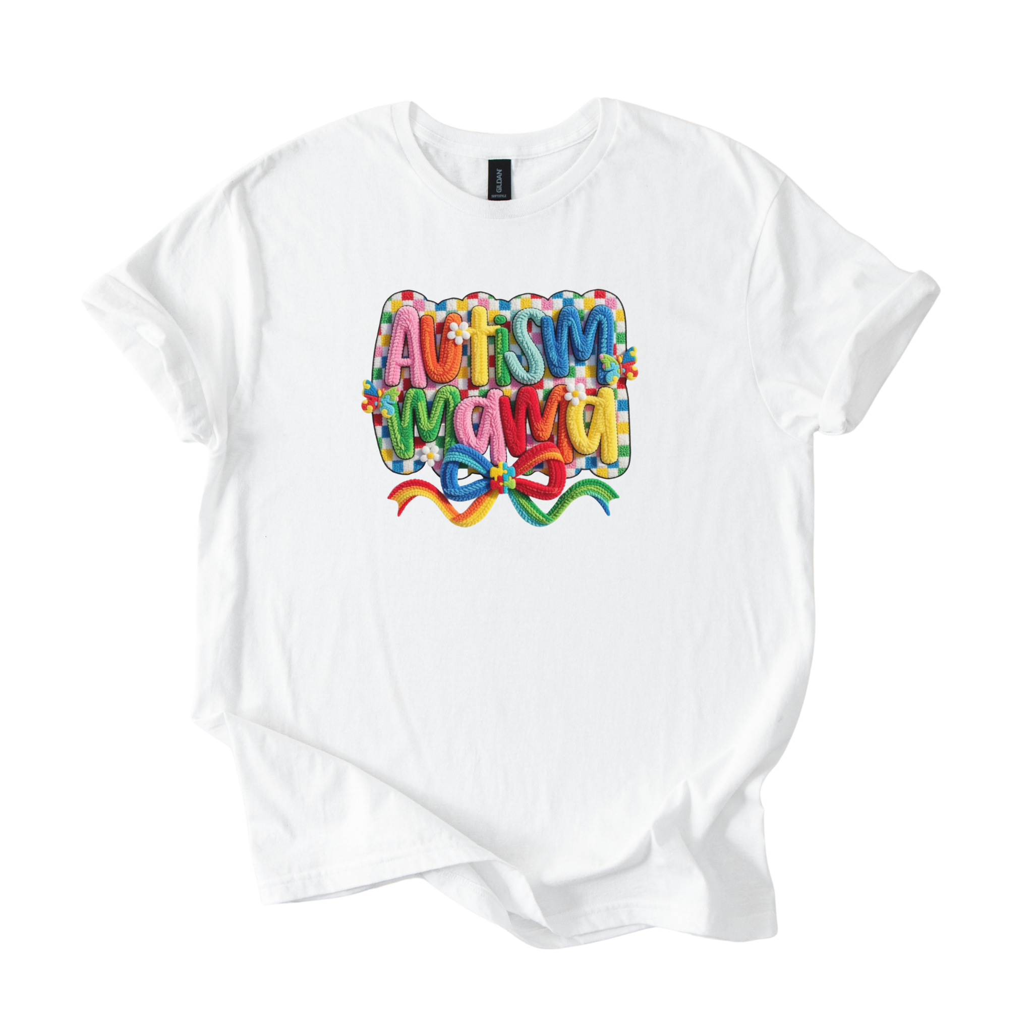 White tee with Autism Mama Rainbow crochet-style yarn lettering and colorful flower accents