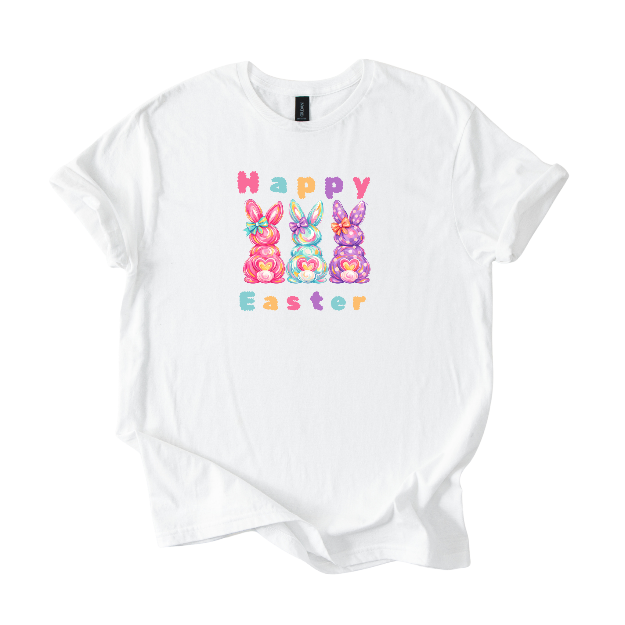 Happy Easter Bunny Softstyle shirt with colorful candy-inspired bunnies and pastel spring design