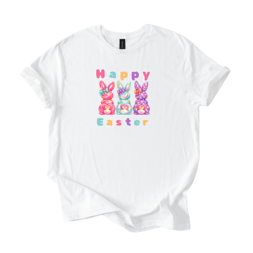 Happy Easter Bunny Softstyle shirt with colorful candy-inspired bunnies and pastel spring design
