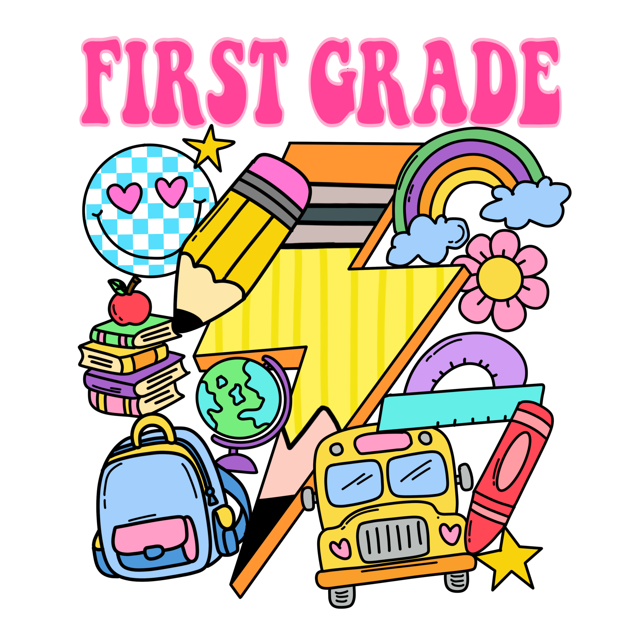 First Grade Retro Doodle DTF Print with Watch Out Kindergarten text and colorful doodles