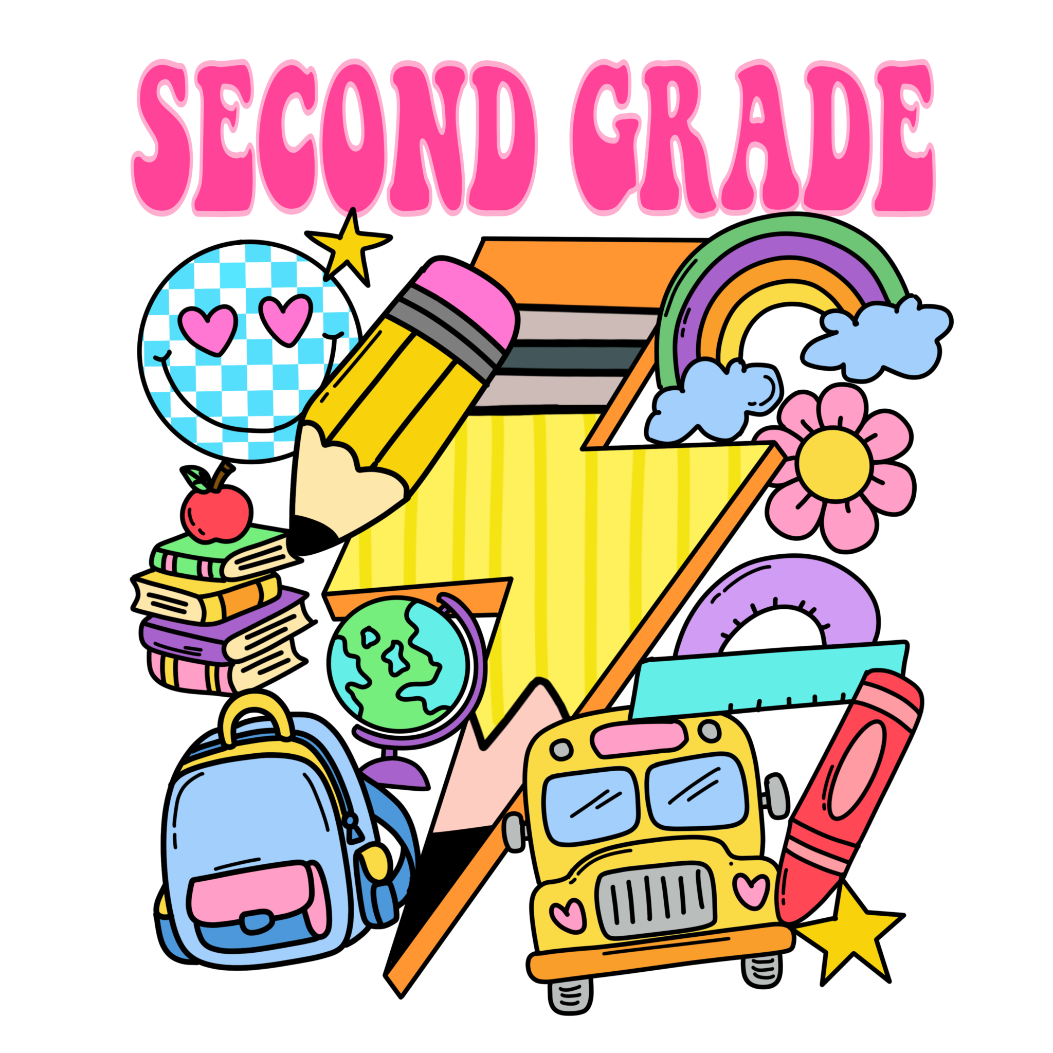 Second grade retro doodle youth DTF print with Watch Out Kindergarten text